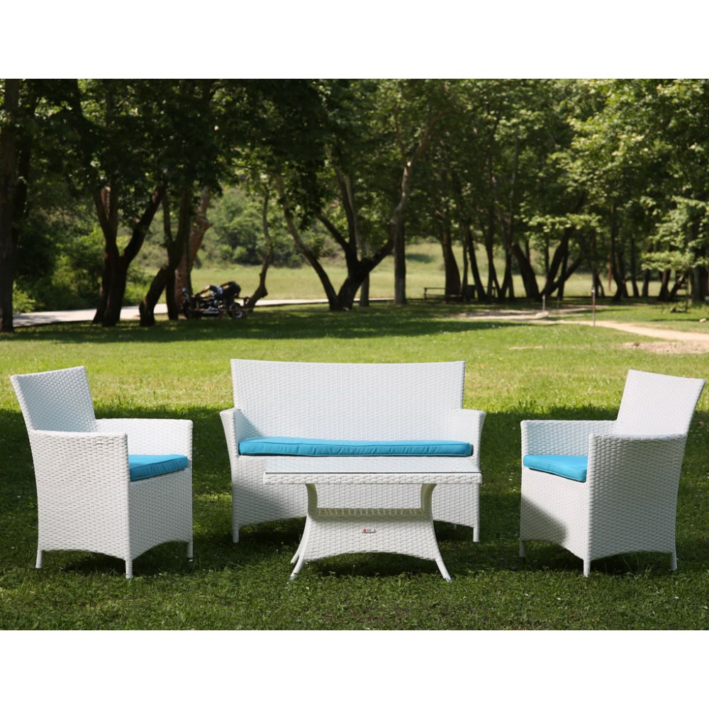 Καναπές διθέσιος κήπου αλουμινίου με πλέξη wicker χρώμα λευκό και μαξιλάρι χρώμα σιέλ 120x65x86εκ.