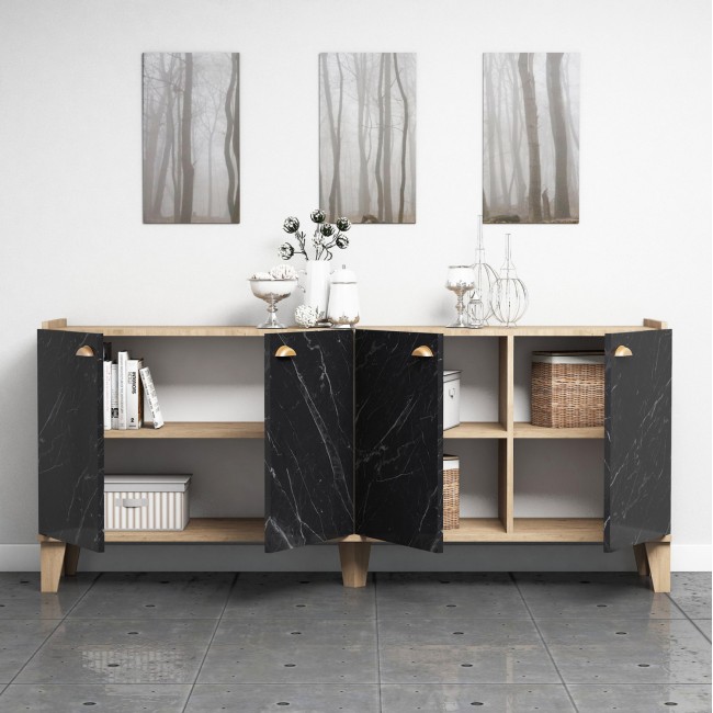 ΜΠΟΥΦΕΣ ΜΕΛΑΜΙΝΗΣ HM9045.01 NATURAL WOOD - ΜΑΥΡΟ ΜΑΡΜΑΡΟ 180x41x77,8Y εκ.