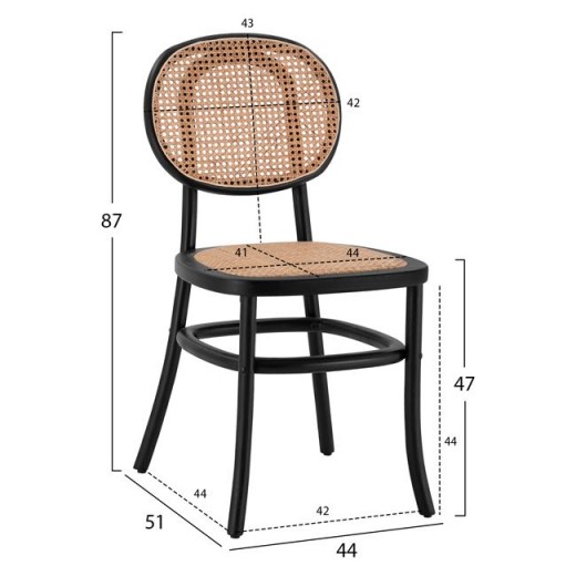 ΚΑΡΕΚΛΑ ΞΥΛΙΝΗ PENNY ΜΕ ΠΛΕΞΗ RATTAN ΣΕ ΜΑΥΡΗ ΑΠΟΧΡΩΣΗ HM8747 44x51x87 εκ.