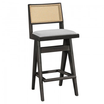 Σκαμπό bar Winslow pakoworld ξύλο rubberwood μαύρο-pvc rattan φυσικό-ύφασμα γκρι 44.5x46x98εκ