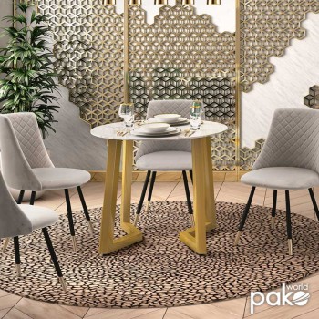 Τραπέζι Paris pakoworld στρόγγυλο γυαλί 8mm σχέδιο μαρμάρου-χρυσό Φ90x75εκ