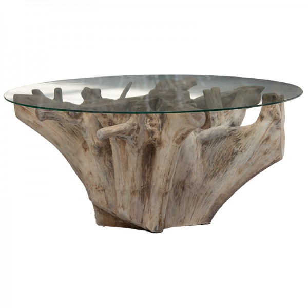 Τραπέζι σαλονιού Balance pakoworld γυαλί 6mm tempered-χειροποίητo teak ξύλο φυσικό 100x100x46εκ