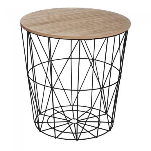 Βοηθητικό τραπέζι Kumi pakoworld mdf επιφάνεια oak και μέταλλο σε μαύρη απόχρωση Φ40x41εκ