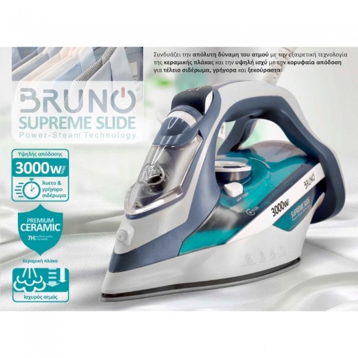 Σίδερο ατμού Supreme Slide BRN-0146 Bruno με κεραμική πλάκα 3000W χρώμα λευκό - μπλε