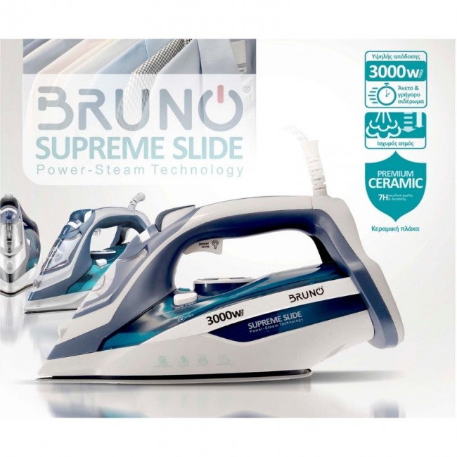 Σίδερο ατμού Supreme Slide BRN-0146 Bruno με κεραμική πλάκα 3000W χρώμα λευκό - μπλε