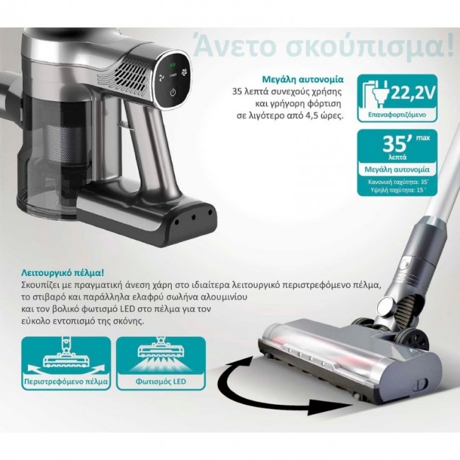 Ηλεκτρική σκούπα επαναφορτιζόμενη 2 σε 1 BRN-0160 Bruno 200W χρώμα ασημί