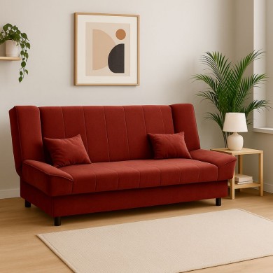 Tiko Plus three-seater fabric sofa - bed with storage space in dark burgundy color 200x90x96cm.