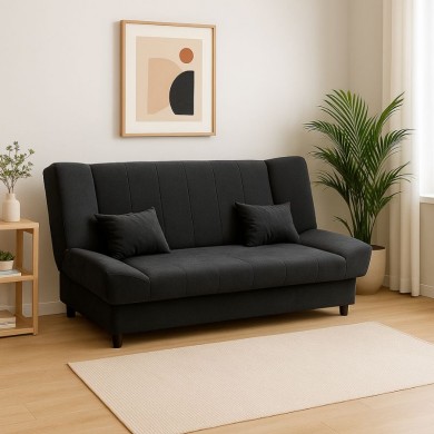 Tiko Plus three-seater fabric sofa - bed with storage space in dark grey color 200x90x96cm.