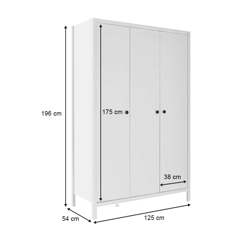 French Megapap 3 doors melamine wardrobe in white color 125x54x196cm.