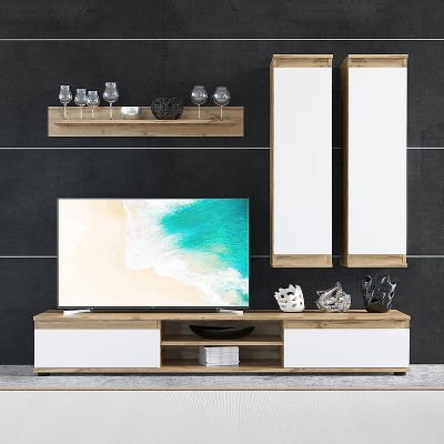 Σύνθεση τηλεόρασης Lucia Megapap από μελαμίνη χρώμα φυσικό/λευκό 175x37x180εκ.