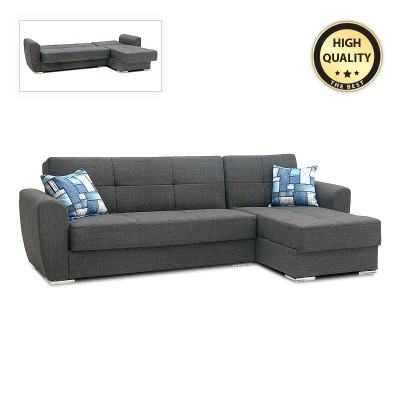 Γωνιακός καναπές - κρεβάτι Landon Megapap αναστρέψιμος υφασμάτινος με αποθηκευτικό χώρο σε σκούρο γρκι - μαύρο 256x60/115x90εκ.
