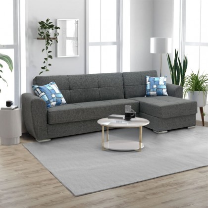 Γωνιακός καναπές - κρεβάτι Landon Megapap αναστρέψιμος υφασμάτινος με αποθηκευτικό χώρο σε σκούρο γρκι 256x60/115x90εκ.