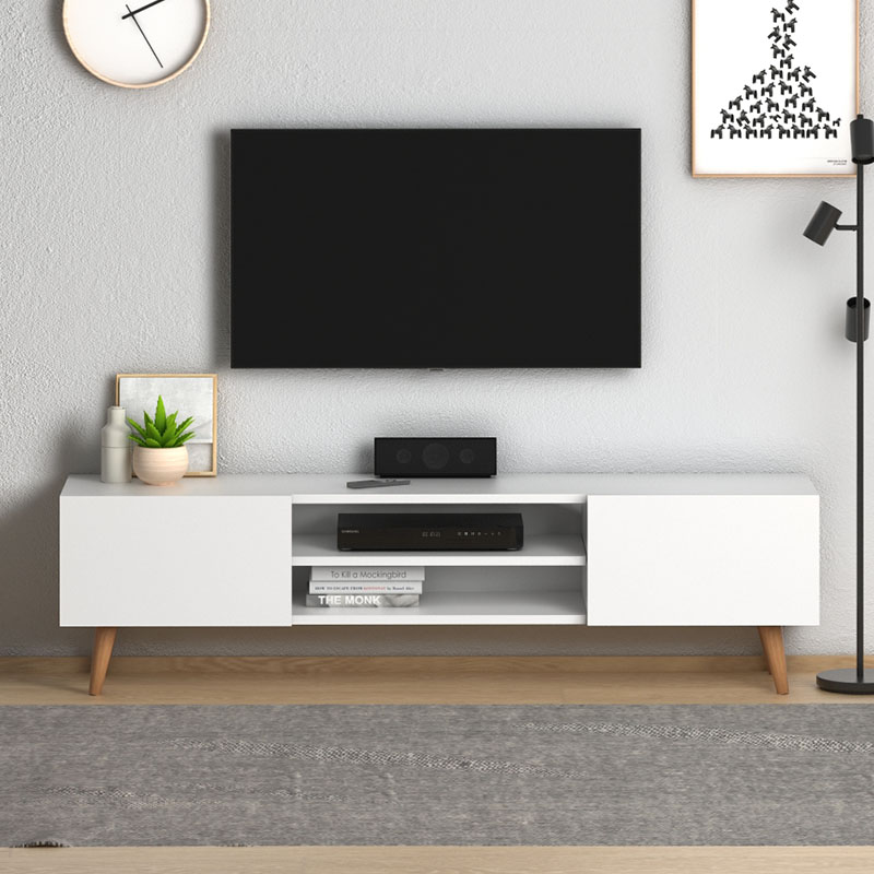 Plane Megapap melamine TV furniture in white color 150x32x46cm.