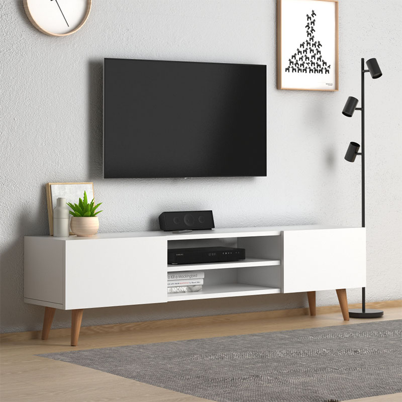 Plane Megapap melamine TV furniture in white color 150x32x46cm.