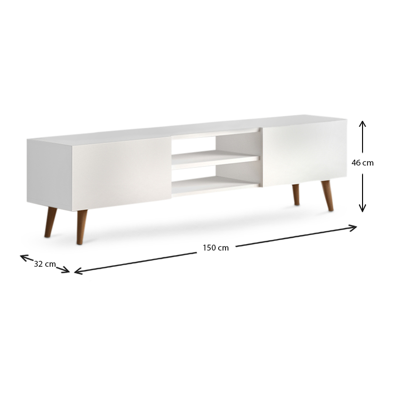 Plane Megapap melamine TV furniture in white color 150x32x46cm.