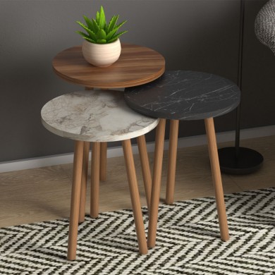 Roma Megapap melamine side tables in walnut - beige - black marble effect color