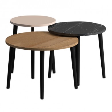 Roma Megapap melamine coffee table set of 3 in oak - black marble effect - cream color Φ60x46cm.