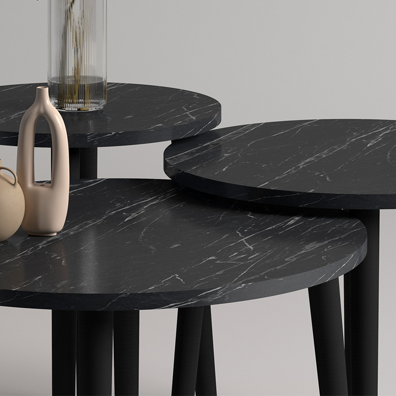Roma Megapap melamine coffee table set of 3 in  black marble effect  color Φ60x46cm.