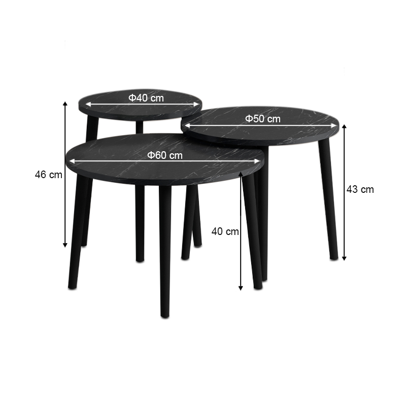 Roma Megapap melamine coffee table set of 3 in  black marble effect  color Φ60x46cm.