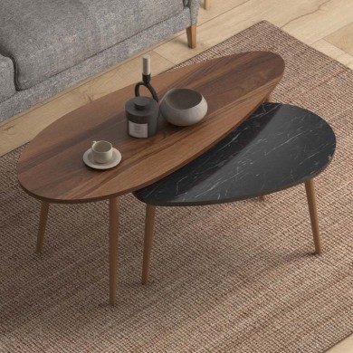 Elips Megapap melamine side tables in walnut - black marble effect color 116x46x46cm.