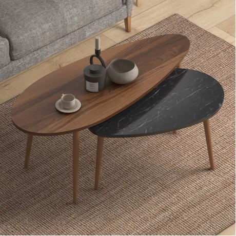 Elips Megapap melamine side tables in walnut - black marble effect color 116x46x46cm.
