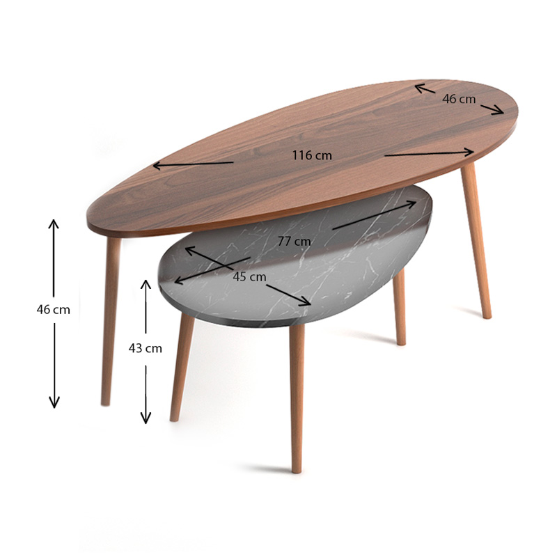 Elips Megapap melamine side tables in walnut - black marble effect color 116x46x46cm.
