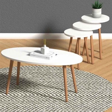 Elips Megapap melamine coffee table + side tables in white color 90x50x41cm.