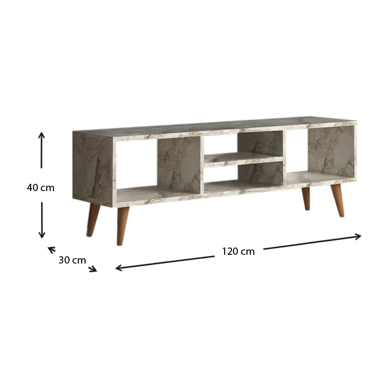 Loren Megapap melamine TV furniture in white marble effect color 120x30x40cm.