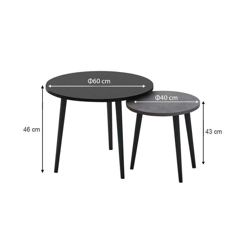 Roma Megapap melamine coffee table set of 2 in black - grey retro color 60x60x46cm.