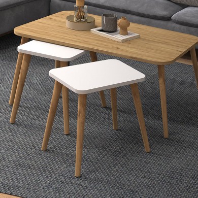 Oliva Megapap melamine coffee table set of 3 in oak - white color 90x55x46cm.