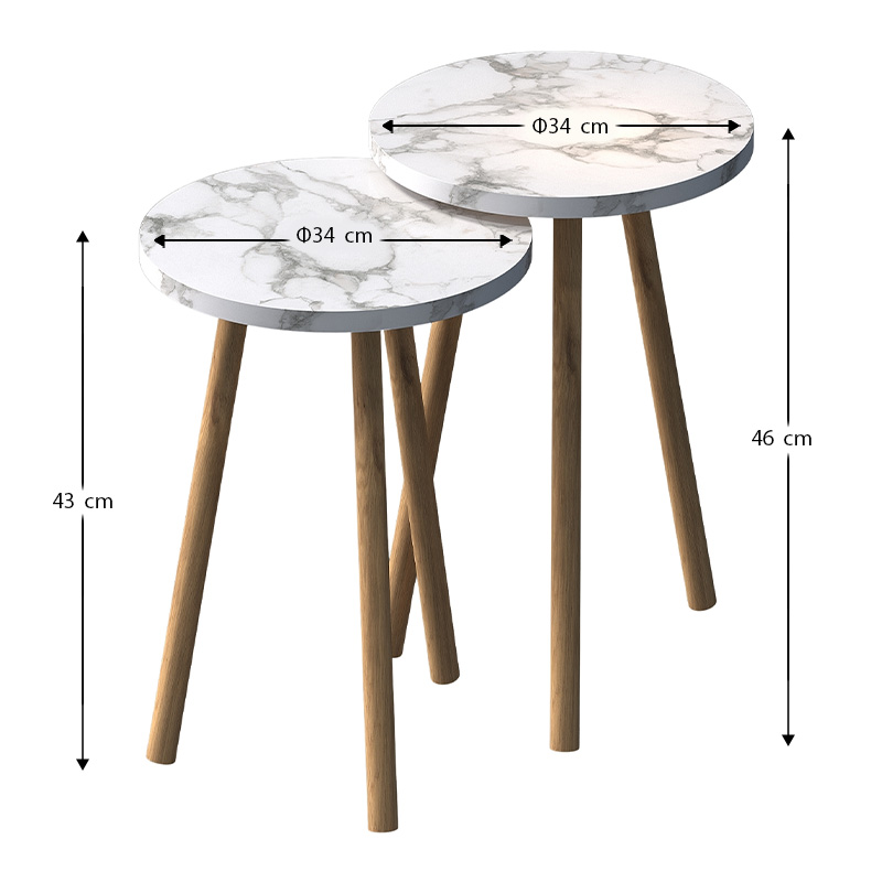 Roma Megapap side table set of 2 in white marble color Ø34x46cm.