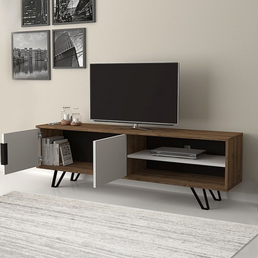 Έπιπλο τηλεόρασης Foot Megapap χρώμα καρυδί - λευκό 160x35x49εκ.