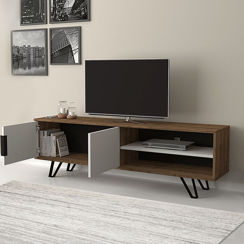 Foot Megapap melamine TV furniture in walnut - white color 160x35x49cm.