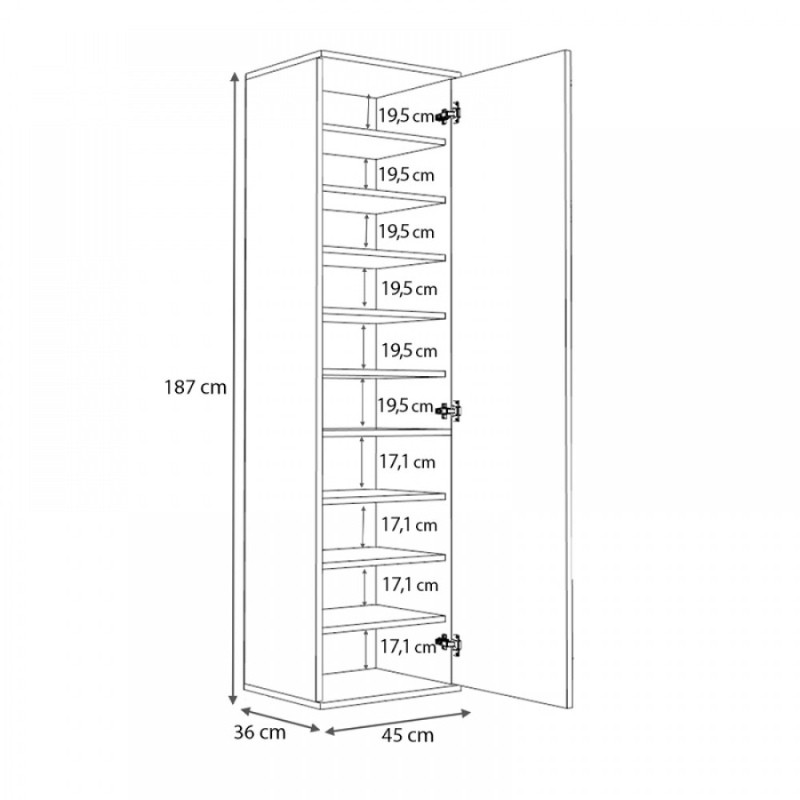 Visla Megapap single-door wardrobe - shoe rack of 20 pairs with mirror in concrete walnut color 45x36x187cm.