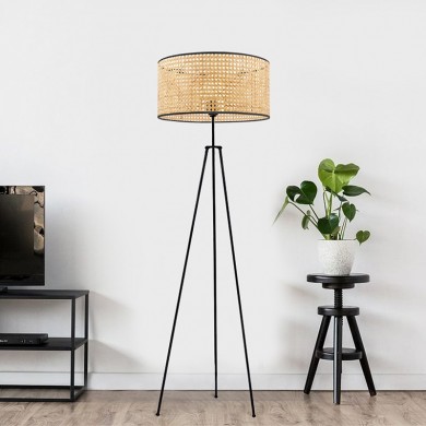 Idaho Megapap E27 metallic/rattan floor lamp in black/natural color Φ38x150cm.
