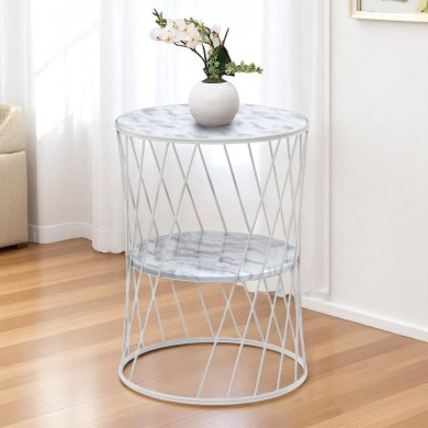 Jaspin Megapap metallic - Mdf side table in white - white marble effect color 32x32x44cm.