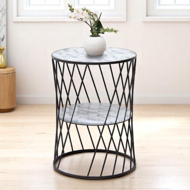 Jaspin Megapap metallic - Mdf side table in black - white marble effect color 32x32x44cm.