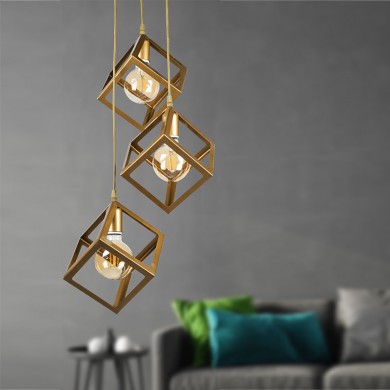 Thora Megapap metallic three-light ceiling light E27  in matte gold color 22x22x70cm.