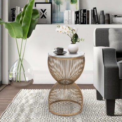 Stella Megapap metal - MDF side table in gold - white marble color Ø34,5x56,5cm.