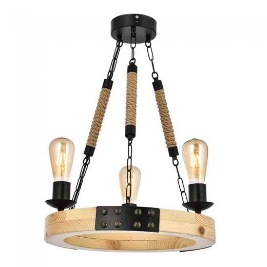 Φωτιστικό οροφής Brandy Megapap E27 ξύλο/μέταλλο/σχοινί τρίφωτο χρώμα φυσικό - μαύρο 43x43x80εκ.