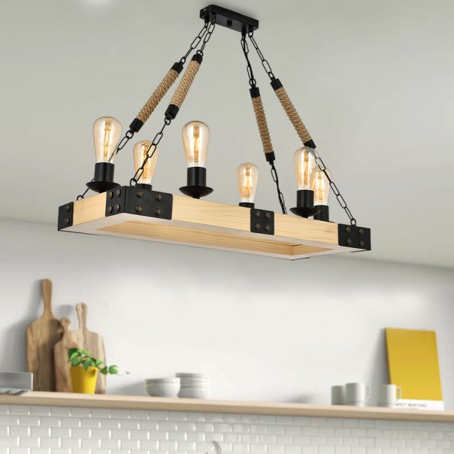 Φωτιστικό οροφής Brandy Megapap E27 ξύλο/μέταλλο/σχοινί εξάφωτο χρώμα φυσικό - μαύρο 70x40x80εκ.