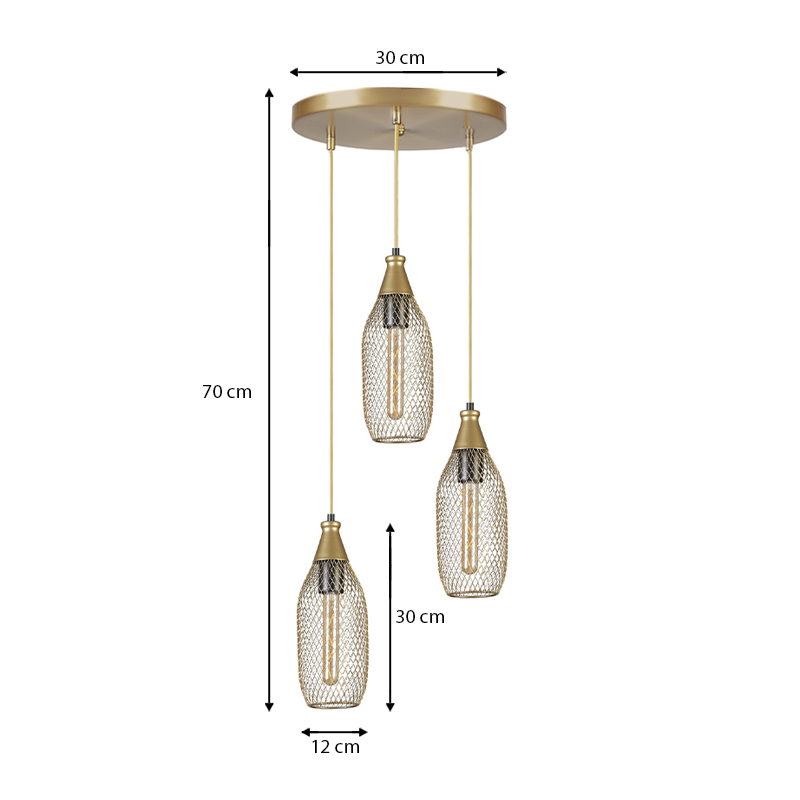 Orazio Megapap E27 metallic three-light ceiling light in gold color 30x30x70cm.