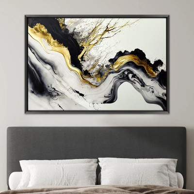 Πίνακας σε καμβά "Abstract Golden Wave" Megapap ψηφιακής εκτύπωσης με κορνίζα χρώμα μαύρο 140x100x3εκ.