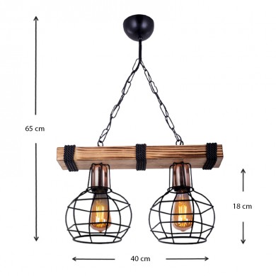 Marit Megapap E27 wooden/metallic two-light ceiling light in walnut/black color 40x15x65cm.