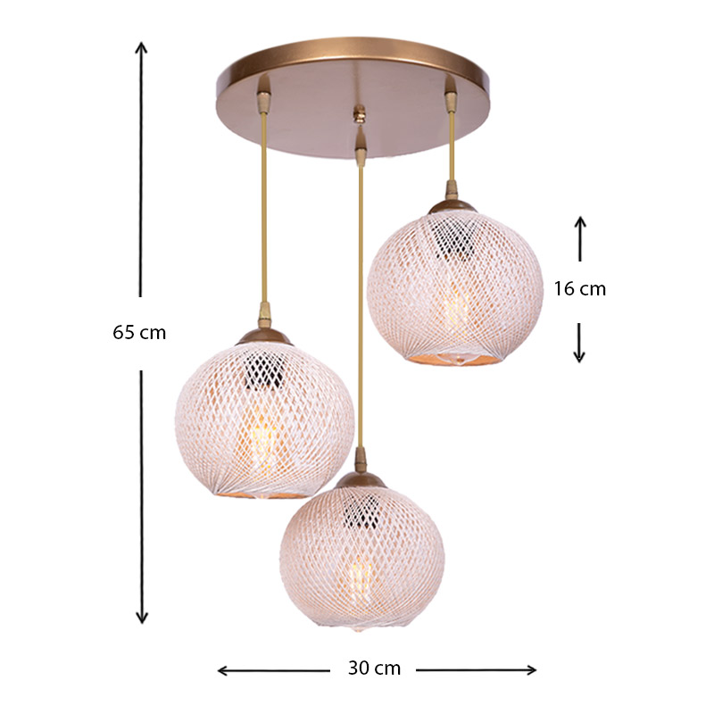 Riordan Megapap E27 metallic-rope three-lights ceiling light in gold - beige color 30x30x65cm
