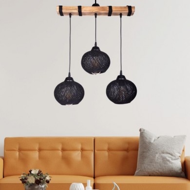 Sirmione Megapap E27 wooden/rope ceiling three-light in black - natural color 49x17x75cm.