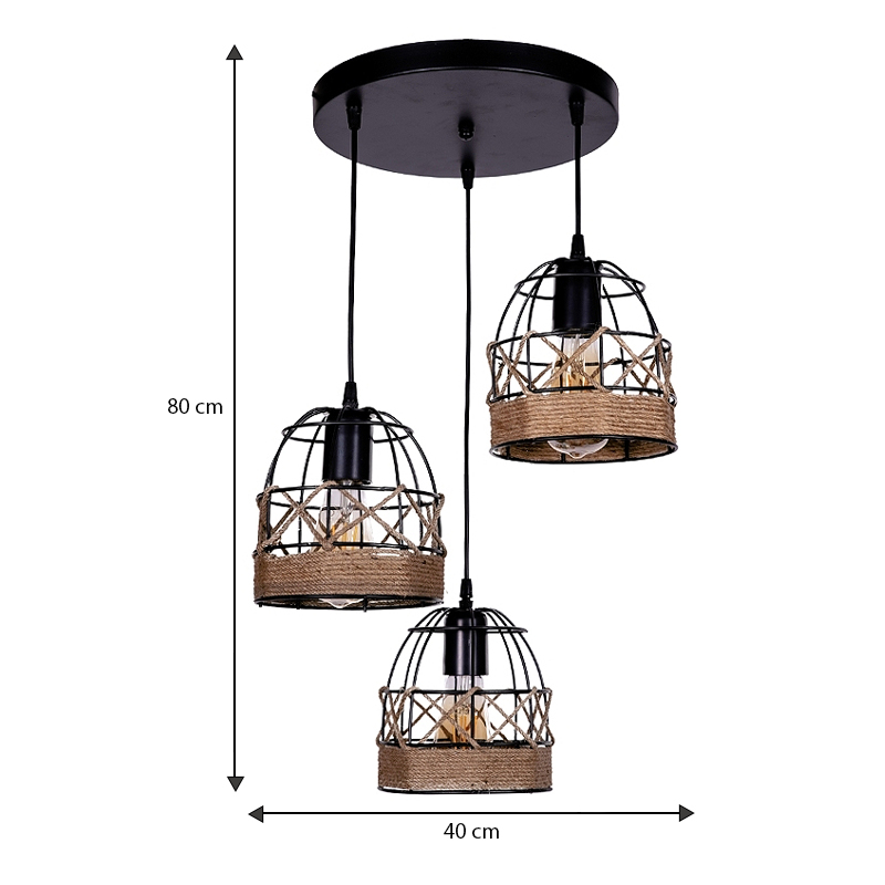 Lino Megapap E27 metallic - rope ceiling three-light in black color 40x40x80cm.