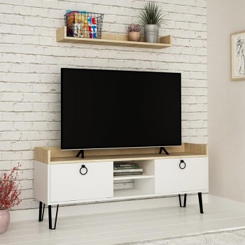 Έπιπλο τηλεόρασης Keday Megapap από μελαμίνη χρώμα λευκό - φυσικό οξιάς 140x36x57εκ.