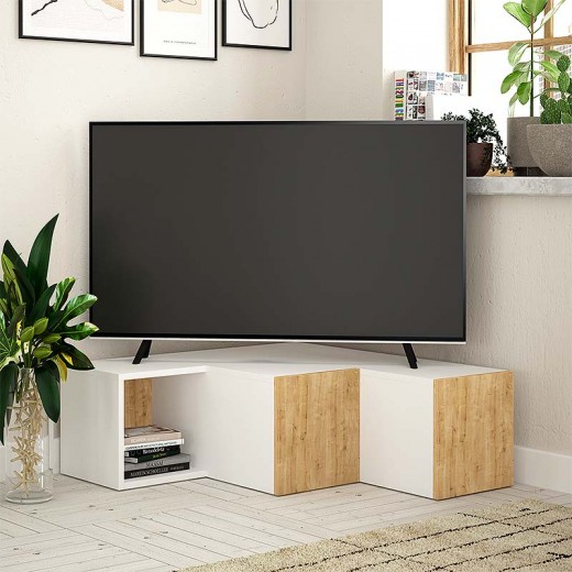 Έπιπλο τηλεόρασης γωνιακό Compact Megapap χρώμα λευκό - φυσικό οξιάς 94,2x90,6x31,4εκ.