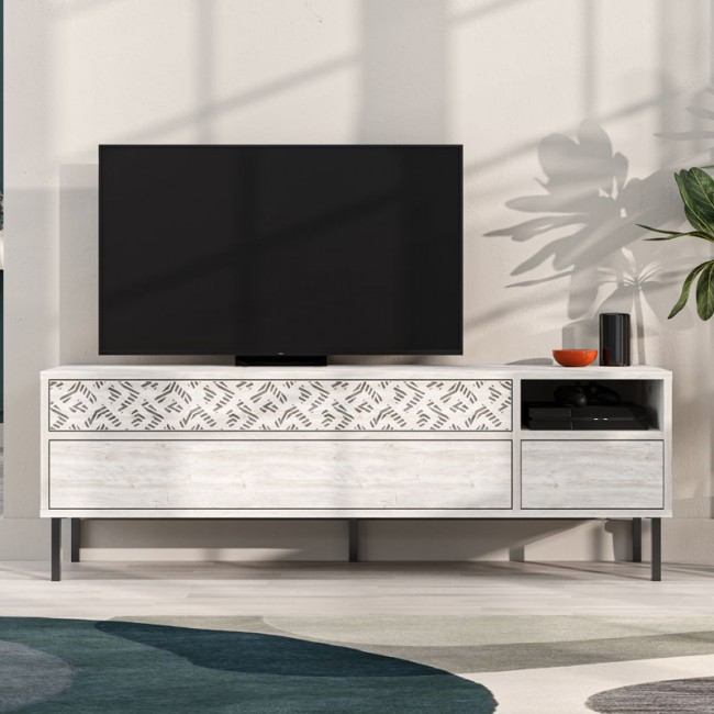 Έπιπλο τηλεόρασης Heaton Megapap χρώμα λευκό αντικέ 144,6x35,6x48,4εκ.